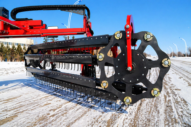 Close up view of the durable hay rake tines and roller mechanism