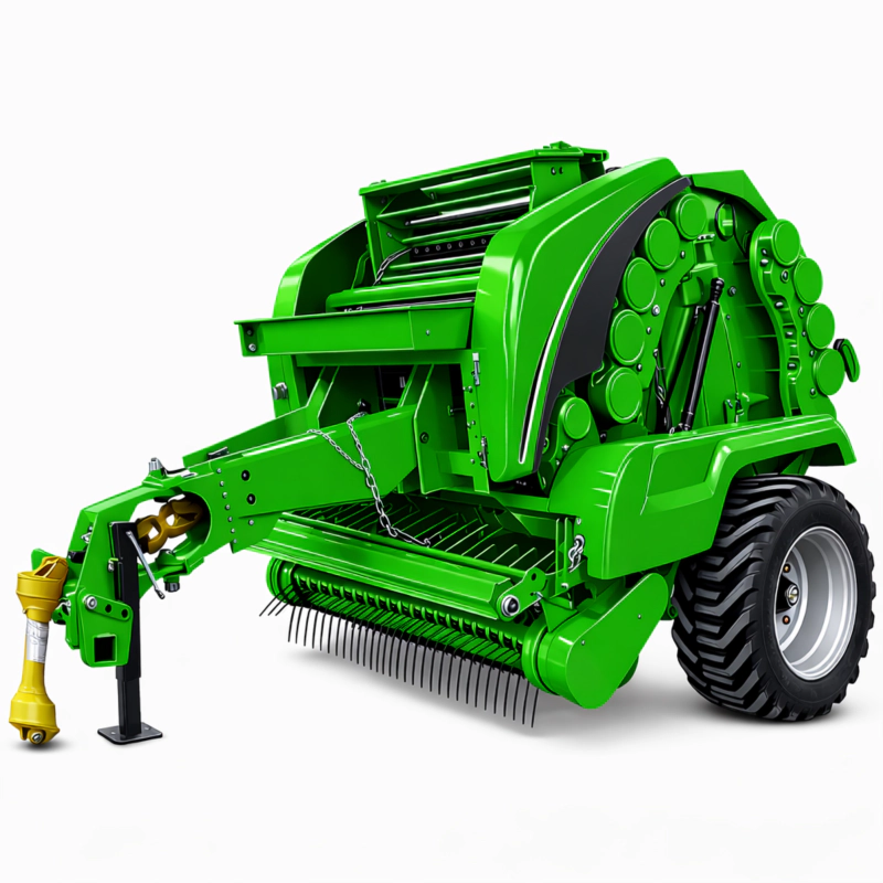 Heavy duty commercial round farm baler working under high speed in the field