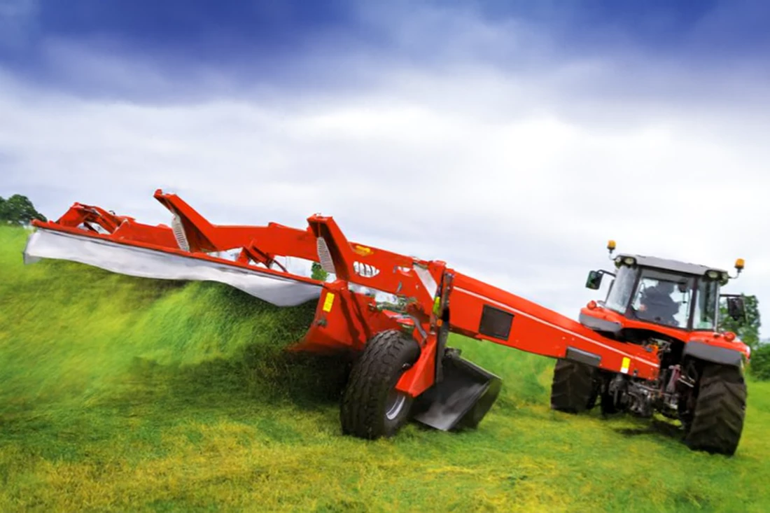 Rear view of the mower producing a perfectly formed windrow