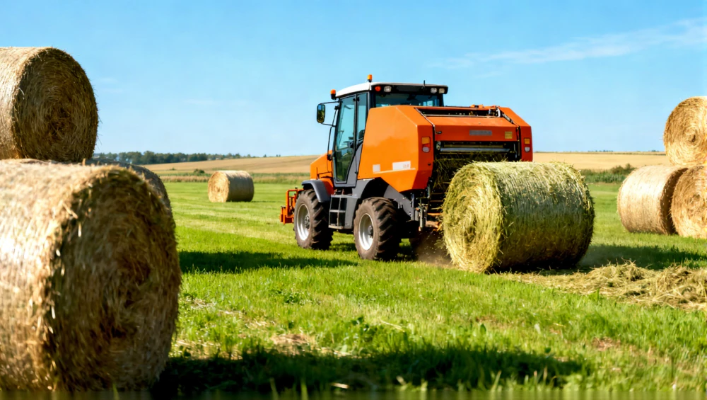Round baler operating in an agricultural field