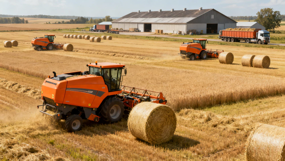 9EP-2300 Round baler operating efficiently in a wide field