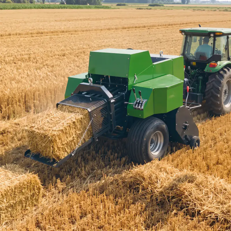 Square baler working in a field producing high density bales
