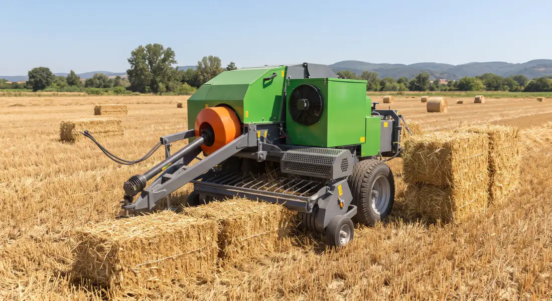 Compact square baler working in a small field